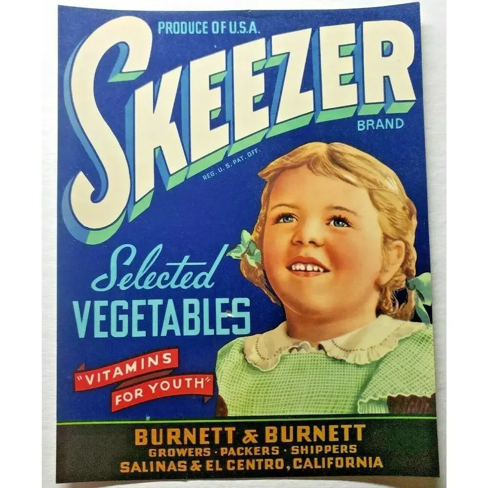 Vintage Skeezer Original 1940s El Centro‎ CA Vegetables Crate Label (B-2)